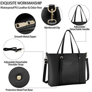 Laptop Bag for Women Lightweight Leather Work Tote Waterproof Business Office Computer Bag for 15.6 Inch Laptop & Tablet Professional Large Capacity Briefcase Handbag Shoulder Bag Black