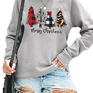 KIDDAD Merry Christmas Sweatshirt for Women Long Sleeve Drop Shoulder Ugly Christmas Tree Pullover Lightweight Shirt Top… Grey