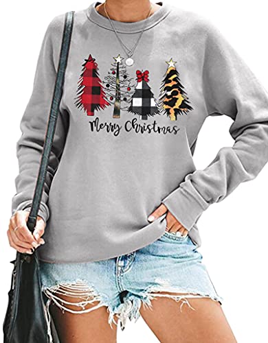 KIDDAD Merry Christmas Sweatshirt for Women Long Sleeve Drop Shoulder Ugly Christmas Tree Pullover Lightweight Shirt Top… Grey