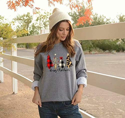 KIDDAD Merry Christmas Sweatshirt for Women Long Sleeve Drop Shoulder Ugly Christmas Tree Pullover Lightweight Shirt Top… Grey