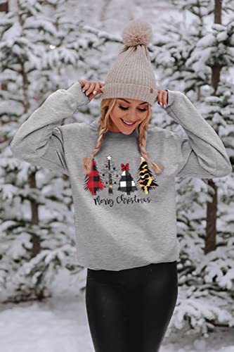 KIDDAD Merry Christmas Sweatshirt for Women Long Sleeve Drop Shoulder Ugly Christmas Tree Pullover Lightweight Shirt Top… Grey