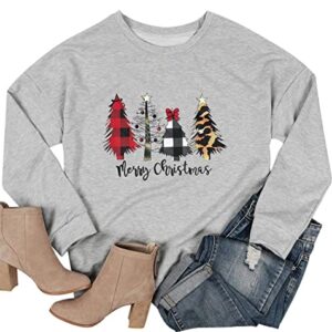 KIDDAD Merry Christmas Sweatshirt for Women Long Sleeve Drop Shoulder Ugly Christmas Tree Pullover Lightweight Shirt Top… Grey