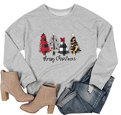 KIDDAD Merry Christmas Sweatshirt for Women Long Sleeve Drop Shoulder Ugly Christmas Tree Pullover Lightweight Shirt Top… Grey