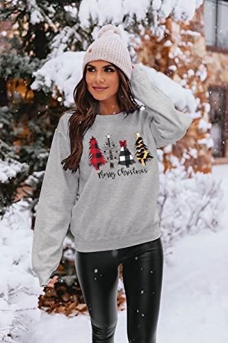 KIDDAD Merry Christmas Sweatshirt for Women Long Sleeve Drop Shoulder Ugly Christmas Tree Pullover Lightweight Shirt Top… Grey