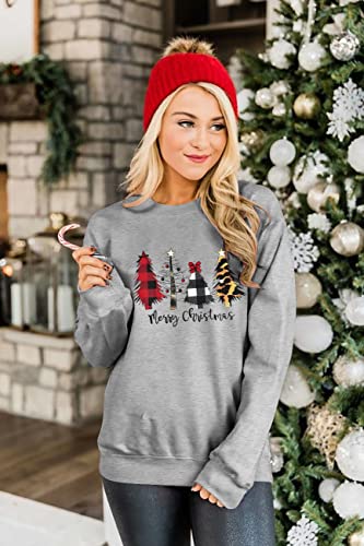 KIDDAD Merry Christmas Sweatshirt for Women Long Sleeve Drop Shoulder Ugly Christmas Tree Pullover Lightweight Shirt Top… Grey