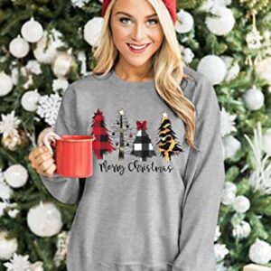 KIDDAD Merry Christmas Sweatshirt for Women Long Sleeve Drop Shoulder Ugly Christmas Tree Pullover Lightweight Shirt Top… Grey