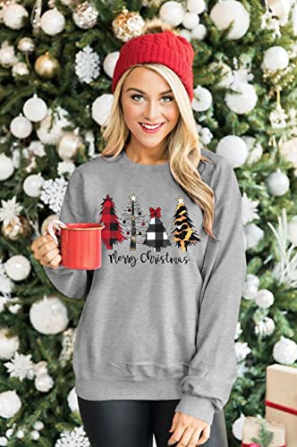 KIDDAD Merry Christmas Sweatshirt for Women Long Sleeve Drop Shoulder Ugly Christmas Tree Pullover Lightweight Shirt Top… Grey