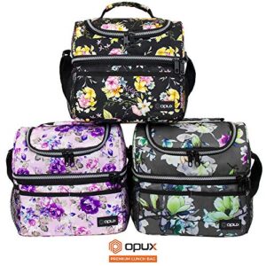 opux Lunch Box For Women, Insulated Large Lunch Bag Adult Work, Double Decker Lunchbox Meal Prep, Dual Compartment Leakproof Lunch Cooler, Soft Lunch Pail Tote for Girls Kids School, Floral Purple