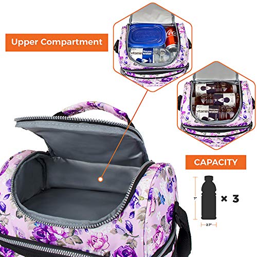 opux Lunch Box For Women, Insulated Large Lunch Bag Adult Work, Double Decker Lunchbox Meal Prep, Dual Compartment Leakproof Lunch Cooler, Soft Lunch Pail Tote for Girls Kids School, Floral Purple