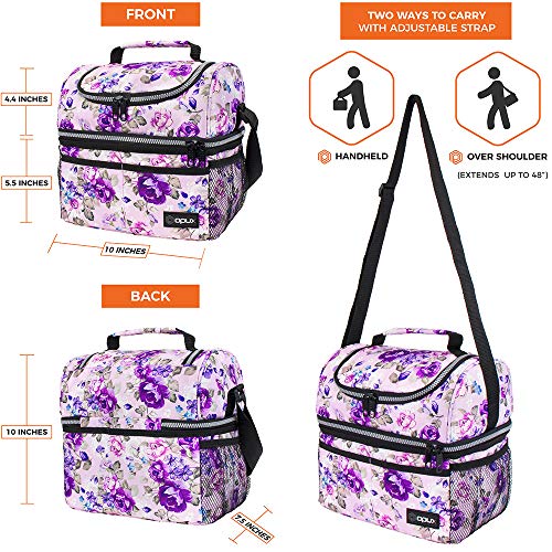 opux Lunch Box For Women, Insulated Large Lunch Bag Adult Work, Double Decker Lunchbox Meal Prep, Dual Compartment Leakproof Lunch Cooler, Soft Lunch Pail Tote for Girls Kids School, Floral Purple