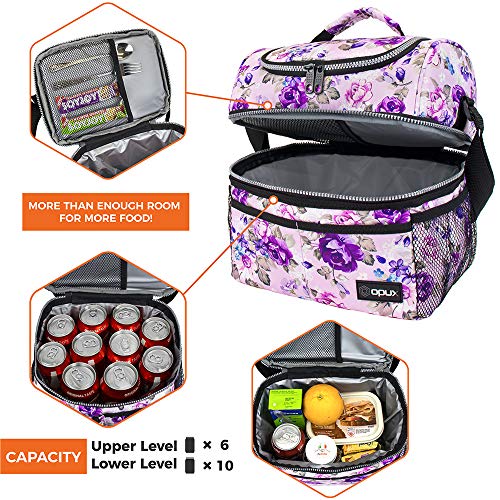 opux Lunch Box For Women, Insulated Large Lunch Bag Adult Work, Double Decker Lunchbox Meal Prep, Dual Compartment Leakproof Lunch Cooler, Soft Lunch Pail Tote for Girls Kids School, Floral Purple