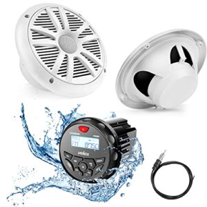 UTVpro Marine Audio System Stereo Speaker Package, Bluetooth, MP3 USB AM FM Marine Stereo - 2 x 6.5 Inch White Speakers, Antenna