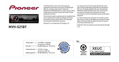 Pioneer MVH-S21BT Digital Media Receiver, Single DIN, in-Dash
