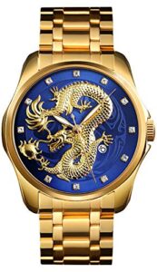 men boy luxury gold chinese dragon carved dial diamond quartz watch casual waterproof sport stainless steel wristwatch (gold blue)