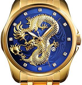 Men Boy Luxury Gold Chinese Dragon Carved Dial Diamond Quartz Watch Casual Waterproof Sport Stainless Steel Wristwatch (Gold Blue)