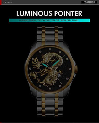 Men Boy Luxury Gold Chinese Dragon Carved Dial Diamond Quartz Watch Casual Waterproof Sport Stainless Steel Wristwatch (Gold Blue)