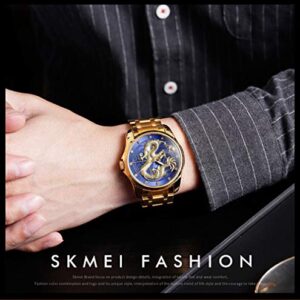 Men Boy Luxury Gold Chinese Dragon Carved Dial Diamond Quartz Watch Casual Waterproof Sport Stainless Steel Wristwatch (Gold Blue)