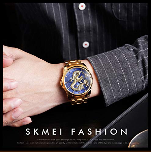 Men Boy Luxury Gold Chinese Dragon Carved Dial Diamond Quartz Watch Casual Waterproof Sport Stainless Steel Wristwatch (Gold Blue)