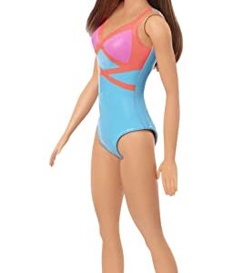 Barbie Doll, Brunette, Wearing Blue, Pink and Orange Swimsuit, for Kids 3 to 7 Years Old