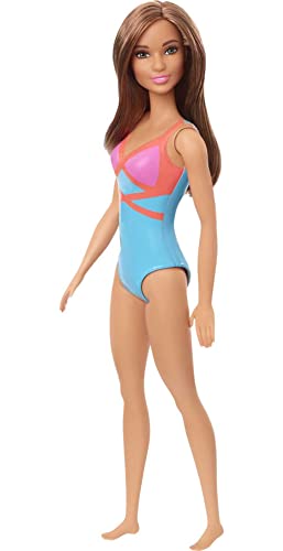 Barbie Doll, Brunette, Wearing Blue, Pink and Orange Swimsuit, for Kids 3 to 7 Years Old