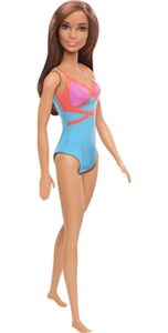 barbie doll, brunette, wearing blue, pink and orange swimsuit, for kids 3 to 7 years old