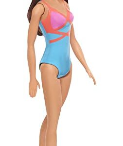 Barbie Doll, Brunette, Wearing Blue, Pink and Orange Swimsuit, for Kids 3 to 7 Years Old