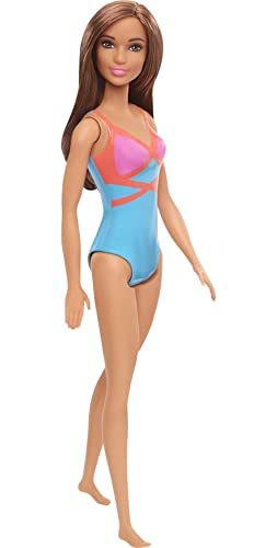 Barbie Doll, Brunette, Wearing Blue, Pink and Orange Swimsuit, for Kids 3 to 7 Years Old