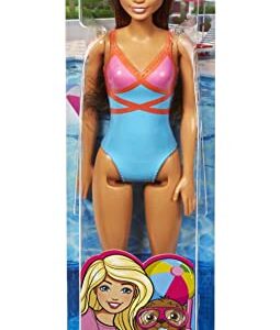 Barbie Doll, Brunette, Wearing Blue, Pink and Orange Swimsuit, for Kids 3 to 7 Years Old