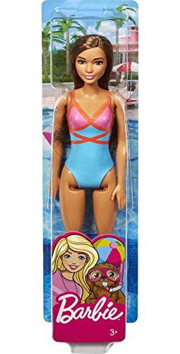 Barbie Doll, Brunette, Wearing Blue, Pink and Orange Swimsuit, for Kids 3 to 7 Years Old