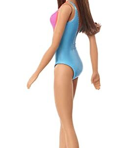 Barbie Doll, Brunette, Wearing Blue, Pink and Orange Swimsuit, for Kids 3 to 7 Years Old