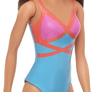 Barbie Doll, Brunette, Wearing Blue, Pink and Orange Swimsuit, for Kids 3 to 7 Years Old