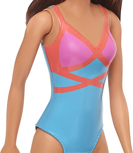 Barbie Doll, Brunette, Wearing Blue, Pink and Orange Swimsuit, for Kids 3 to 7 Years Old