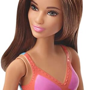 Barbie Doll, Brunette, Wearing Blue, Pink and Orange Swimsuit, for Kids 3 to 7 Years Old