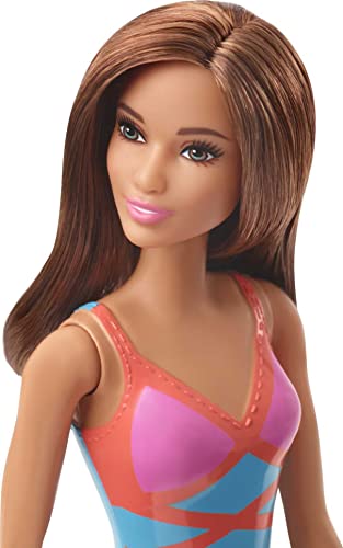 Barbie Doll, Brunette, Wearing Blue, Pink and Orange Swimsuit, for Kids 3 to 7 Years Old