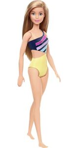barbie doll, blonde, wearing colorful cut-out swimsuit, for kids 3 to 7 years old