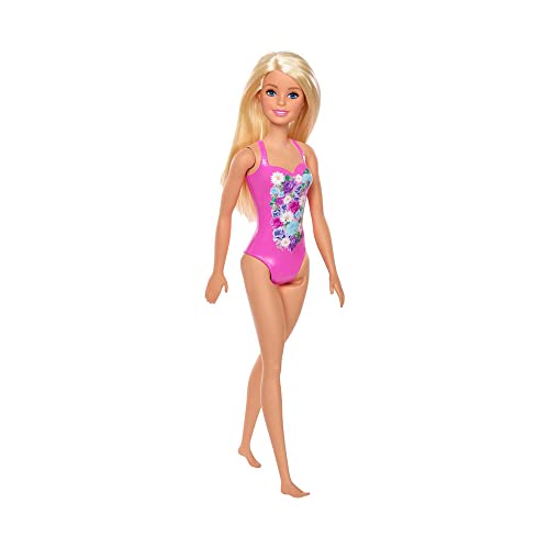 Barbie Doll, Blonde, Wearing Pink and Blue Floral Swimsuit, for Kids 3 to 7 Years Old