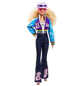 barbie elton john collector doll (12-inch, curly blonde hair) in bomber jacket and flared denim, with doll stand and certificate of authenticity