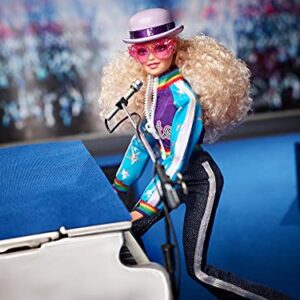 Barbie Elton John Collector Doll (12-inch, Curly Blonde Hair) in Bomber Jacket and Flared Denim, with Doll Stand and Certificate of Authenticity