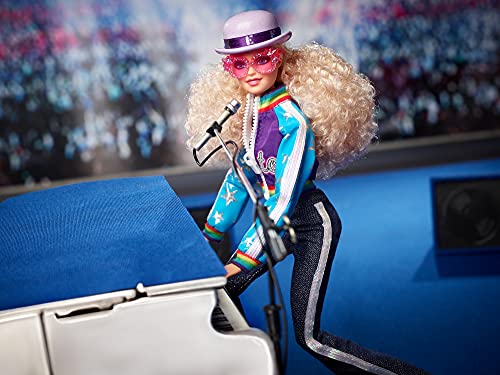Barbie Elton John Collector Doll (12-inch, Curly Blonde Hair) in Bomber Jacket and Flared Denim, with Doll Stand and Certificate of Authenticity