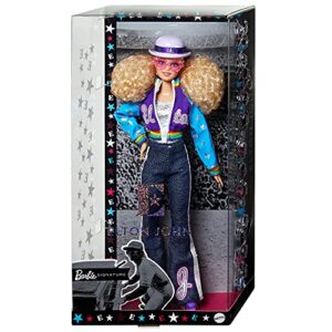 Barbie Elton John Collector Doll (12-inch, Curly Blonde Hair) in Bomber Jacket and Flared Denim, with Doll Stand and Certificate of Authenticity