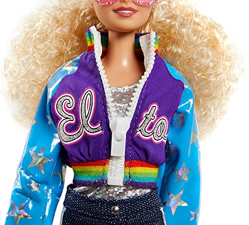 Barbie Elton John Collector Doll (12-inch, Curly Blonde Hair) in Bomber Jacket and Flared Denim, with Doll Stand and Certificate of Authenticity