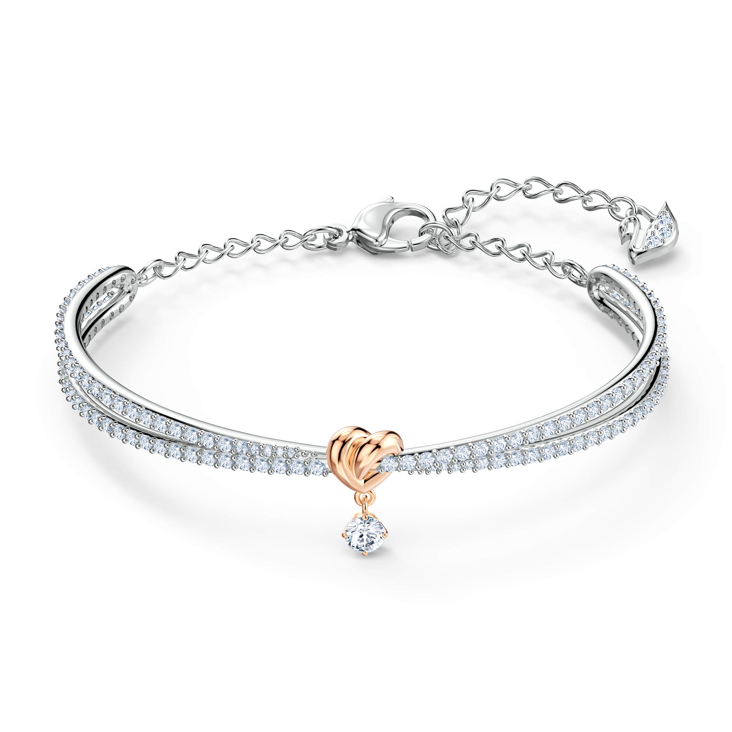 Swarovski Lifelong Heart Bangle Bracelet, Women's White Crystal Heart Design Bracelet with Mixed Rose-Gold Tone and Rhodium Plating