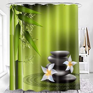 EARVO Spa Theme Shower Curtain Green Bamboo Water Ripples Basalt Massage Stones Triplets for Meditation Theraphy Relaxing Bathroom Decor Waterproof Cloth 48x72 inches 12 Hooks LYEA661-48