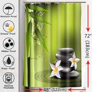 EARVO Spa Theme Shower Curtain Green Bamboo Water Ripples Basalt Massage Stones Triplets for Meditation Theraphy Relaxing Bathroom Decor Waterproof Cloth 48x72 inches 12 Hooks LYEA661-48