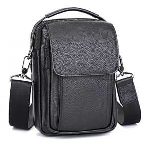 augus leather small messenger bag for men crossbody handbag shoulder sling travel bags for men purse daypack magnetic buckle (black)