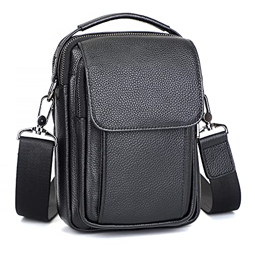 Augus Leather Small Messenger Bag For Men Crossbody Handbag Shoulder Sling Travel Bags for Men Purse Daypack Magnetic Buckle (Black)