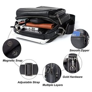 Augus Leather Small Messenger Bag For Men Crossbody Handbag Shoulder Sling Travel Bags for Men Purse Daypack Magnetic Buckle (Black)