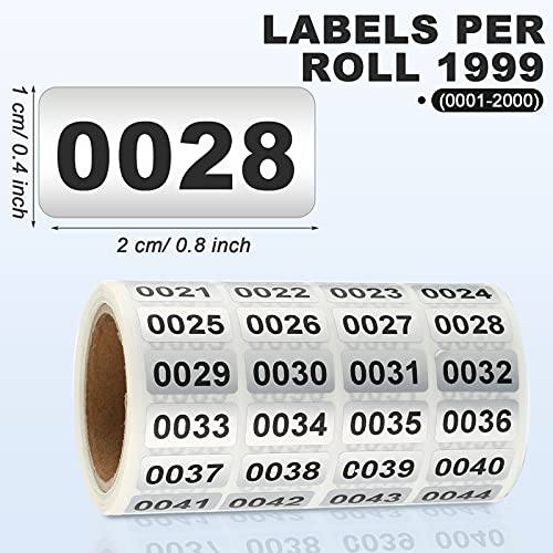 Consecutive Number Label Stickers Waterproof Inventory Number Stickers for Inventory Storage Classification, 0.39 x 0.78 Inch (0001 to 2000)