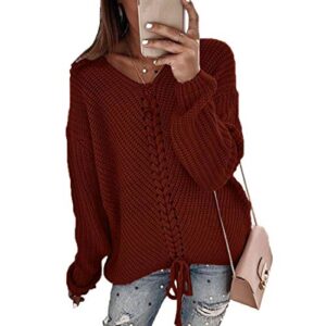 elegant womens oversized pullover sweaters plus size cable knit v neck lace up long sleeve fall blouse tops (l,wine red)