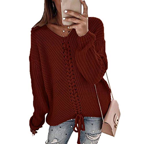 Elegant Womens Oversized Pullover Sweaters Plus Size Cable Knit V Neck Lace Up Long Sleeve Fall Blouse Tops (L,Wine Red)